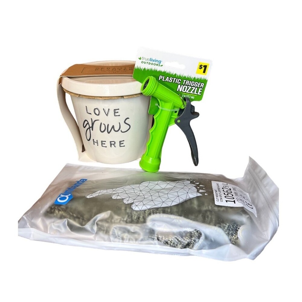 Gardening Bundle White Flower Pot Green Hose Nozzle & Work Garden Gloves O